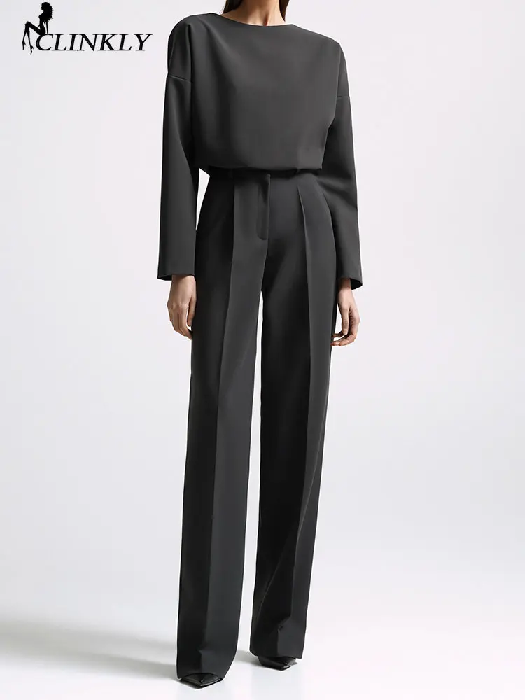 

Clinkly Office 2-Piece Pants Suits Elegant Lady Long Sleeves Top And Classic Wide Pants Floor-Length Business Sets Two Piece