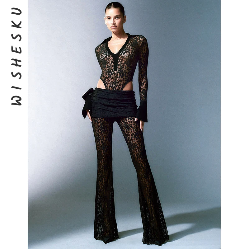 

Комплект из двух предметов, Женский сетчатый прозрачный костюм с вышивкой, сексуальный боди с V-образным вырезом и длинным рукавом + повседневные брюки с высокой талией, осень 2023