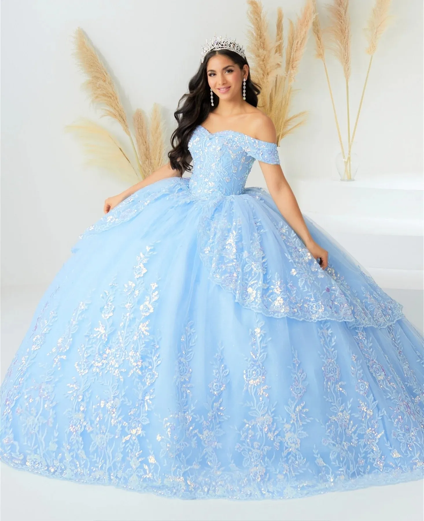 

Sky Blue Charro Quinceanera Dresses Ball Gown Off The Shoulder Tulle Appliques Puffy Mexican Sweet 16 Dresses 15 Anos