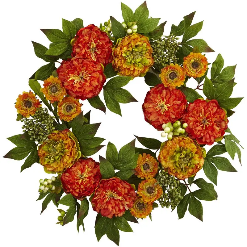 

24in. Peony and Mum Floral Plastic Artificial Wreath (Assorted Colors)