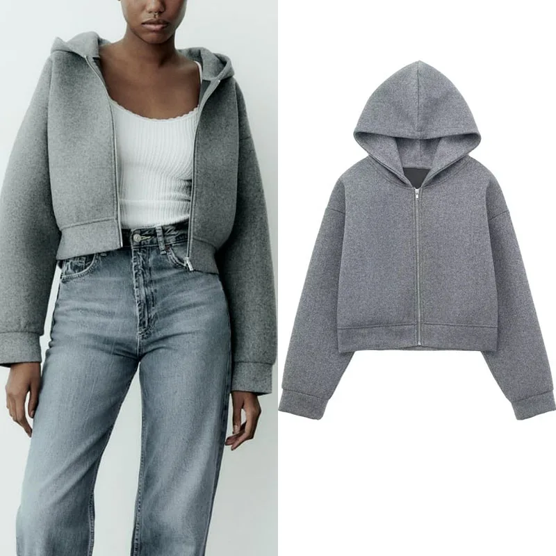 

TRAF Gray Soft Effect Bomber Jacket For Women Autumn Casual Long Sleeves Dropped Shoulders Hoodies Lady Warm Metal Zipper Coats