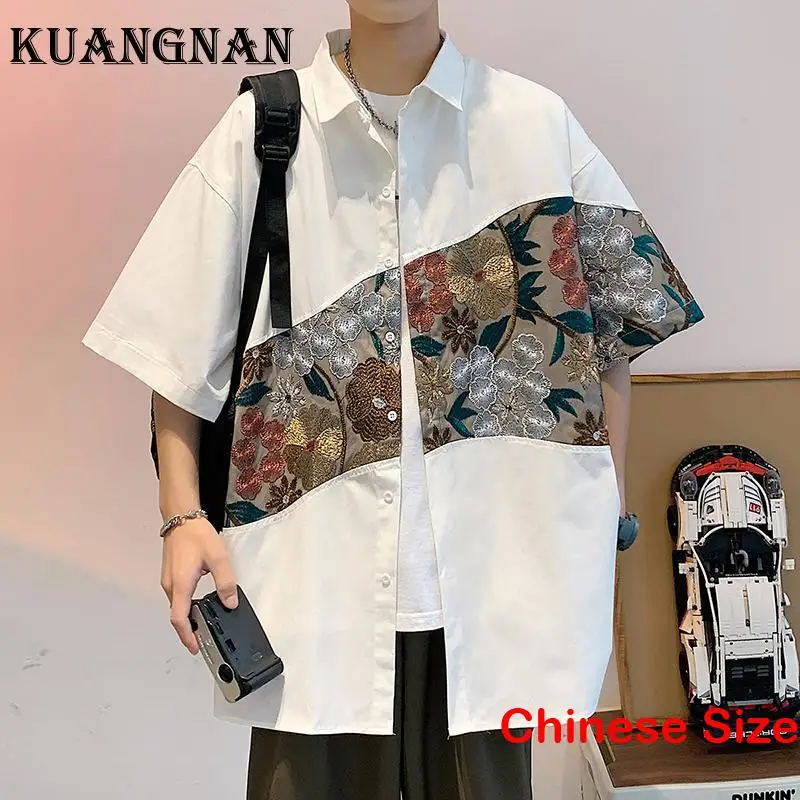 

KUANGNAN Patchwork Man Social Mens Half Sleeve Hawaiian Shirt Men's Clothes Luxury Style Shirts Tops Cool Blouse 5XL 2023 Summer