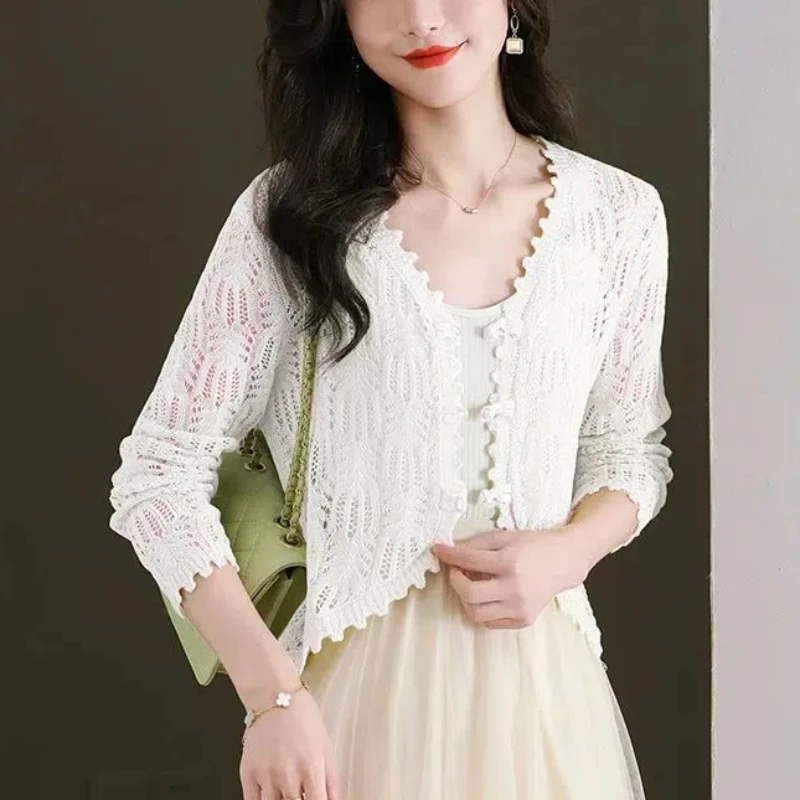 Ажурный вязаный кардиган женская летняя нишевая уникальная тонкая стильная