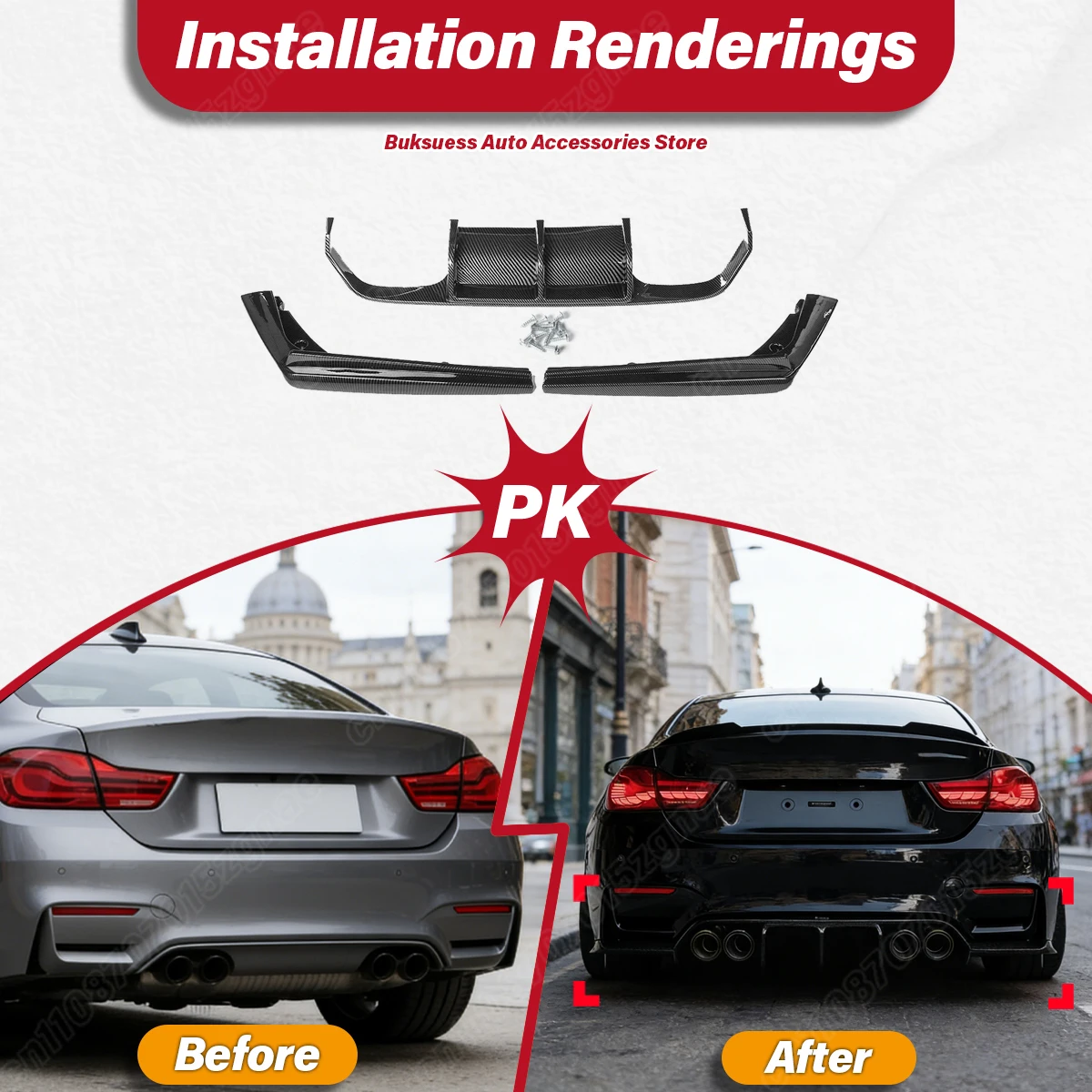 Фото Для BMW F80 M3 F82 F83 M4 2014-2018: Комплект из 3-х частей для модификации заднего бампера (диффузор, накладка, сплиттер) №2