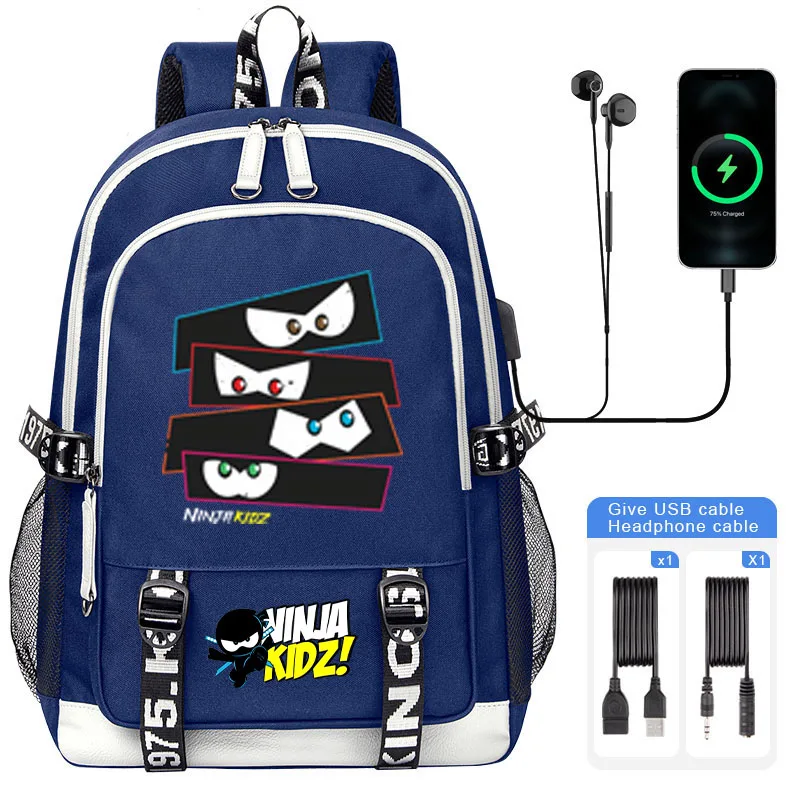 Black Blue Cartoon Ninja Kidz Backpack Large Capacity Students Schoolbag USB charging high quality Laptop Bagpack Kids Gift