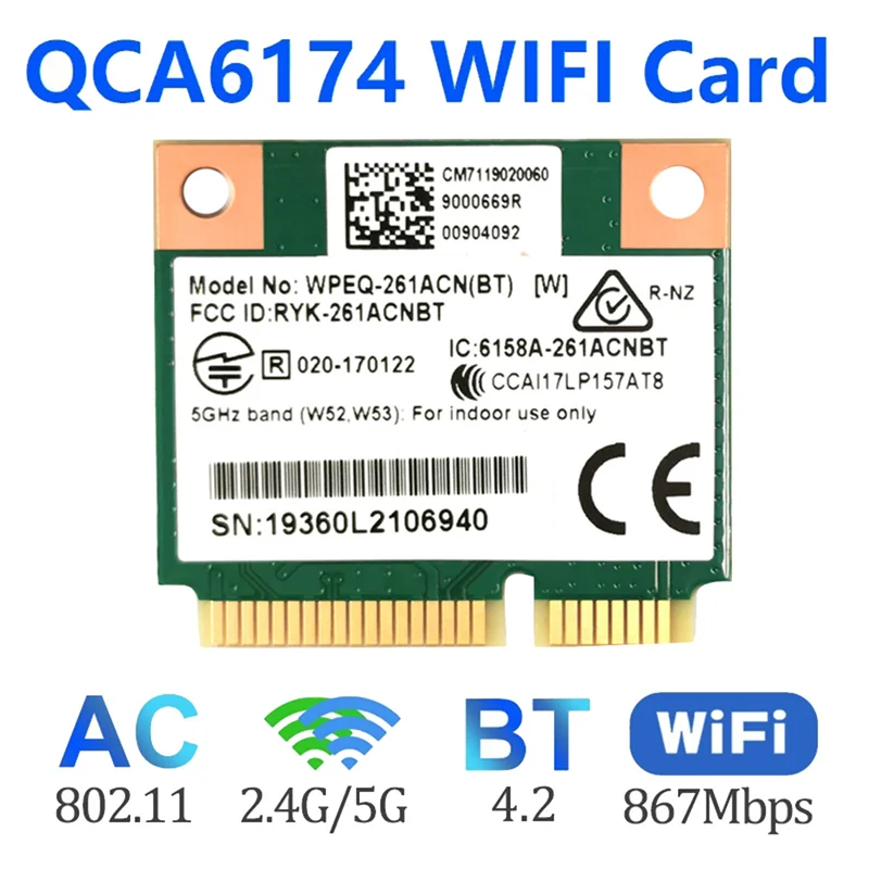 QCA6174 WPEQ-261ACN(BT) WIFI-карта 802.11AC 867M Bluetooth 4 2 WIFI 5 Mini PCIe Беспроводная карта
