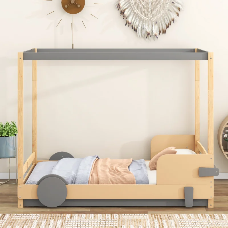 

[Flash Deal]Full Size Car Shaped Canopy Platform Bed with Wheels NaturalColor+gray Canopy Design Is Sturdy and Durable[US Stock]