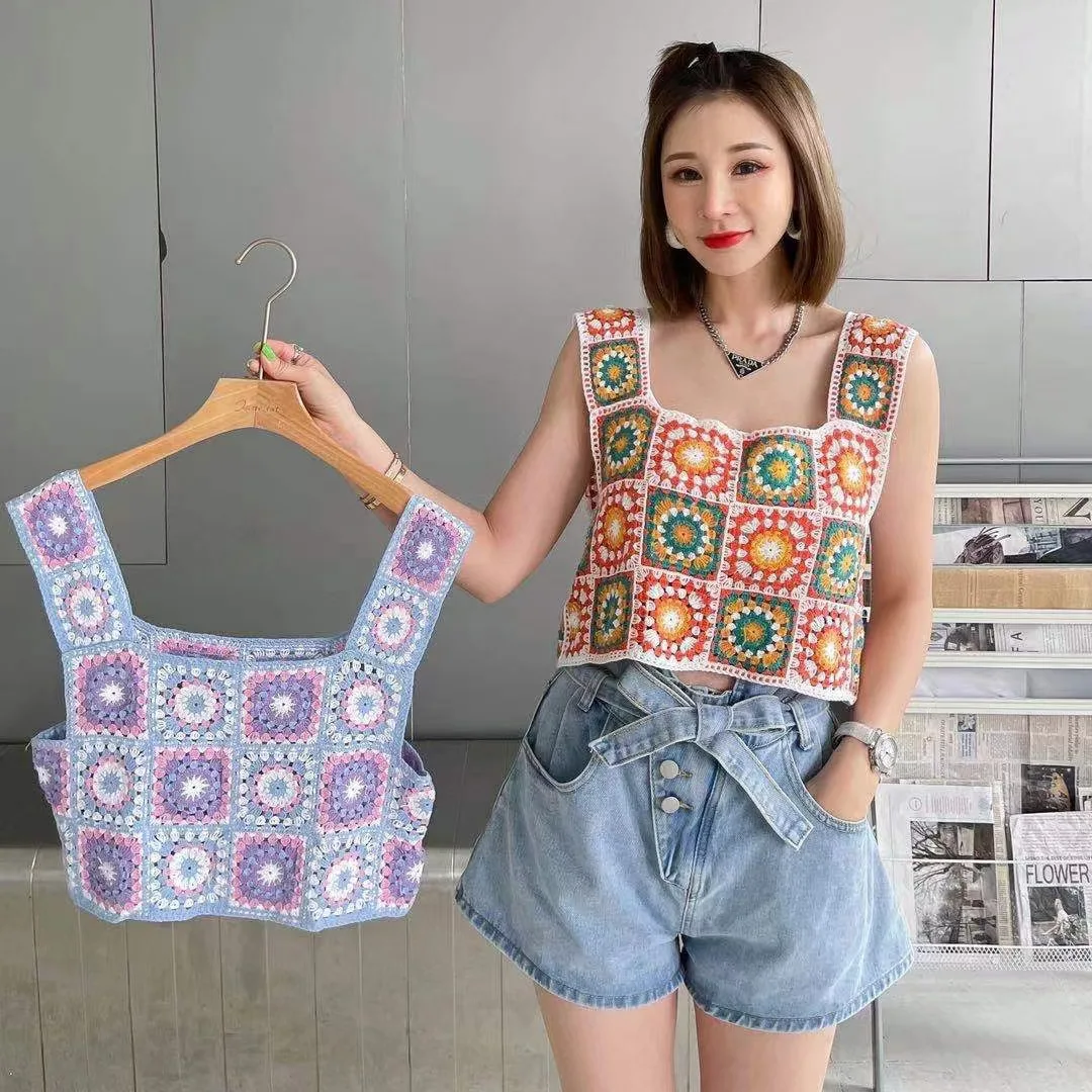 

New Summer Vintage National Style Knitted Crochet Flower Hollowwork Halter Loose Vest Blouse Women chic Tide Fashion Style ins