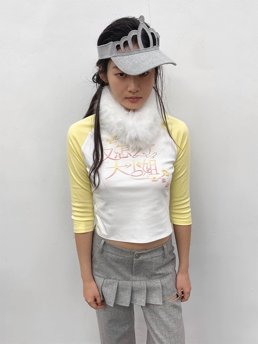 9266studio 25ss Big Miss Print Raglan 3/4 Sleeve Top