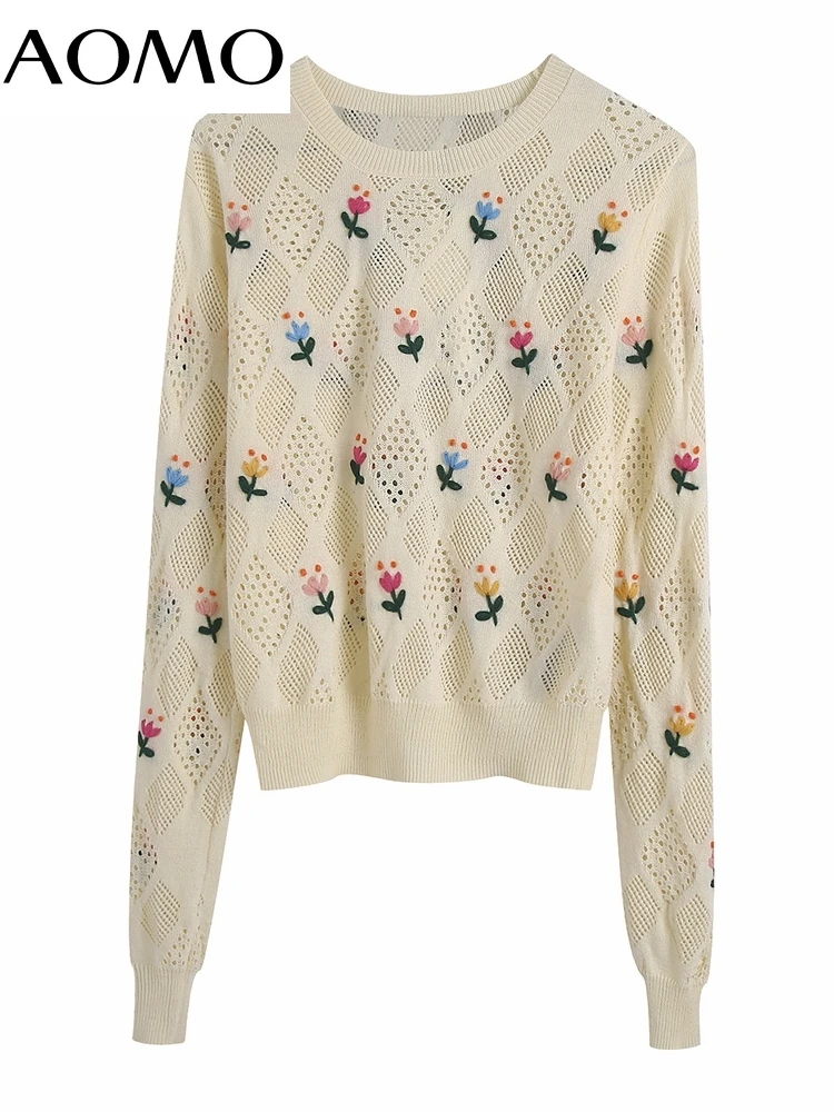 

AOMO Women 2022 Fashion Flowers Hollow Knitted Sweater Jumper O Neck Female Elegant Pullovers Chic Tops BE168A