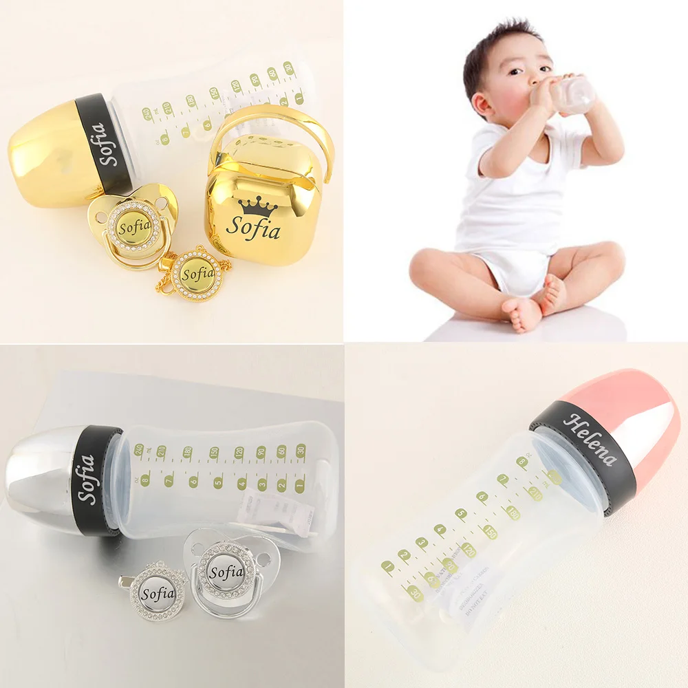 Luxury Any Name Customized Baby Feeding Set Gold Rose Gold Silver Milk Bottle Pacifier Bling Pacifier Case Unique Birthday Gift