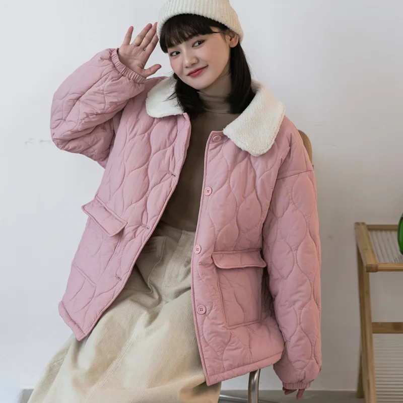 Lamb's Wool Collar Down Cotton Jacket Female Design Sense of Winter New Japanese Loose Casual Warm Cotton Coat Jacket