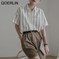 qoerlin women striped shirts 2022 summer new loose casual button up shirts tops female workwear blouse streetwear