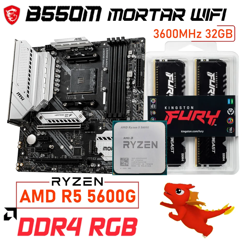 

AM4 Combo Kingston Ram DDR4 3200MHz RGB FURY Beast RGB RAM MSI B550M MORTAR WIFI Motherboard AM4 Ryzen Kit 5600G AMD RYZEN 5600G