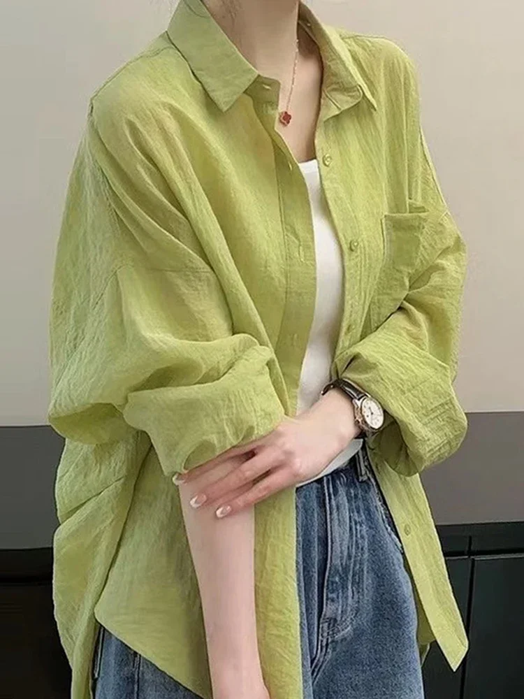 Простая Базовая Повседневная Свободная Женская рубашка белый зеленый корейский