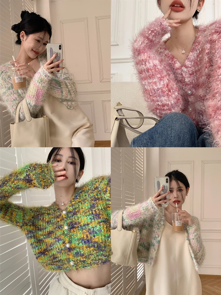 

2022New Women Pearl Button Knitted Sweater Korean Loose Casual Rainbow Candy Mixed Color Cardigan Women V-Neck Sweet Hairy