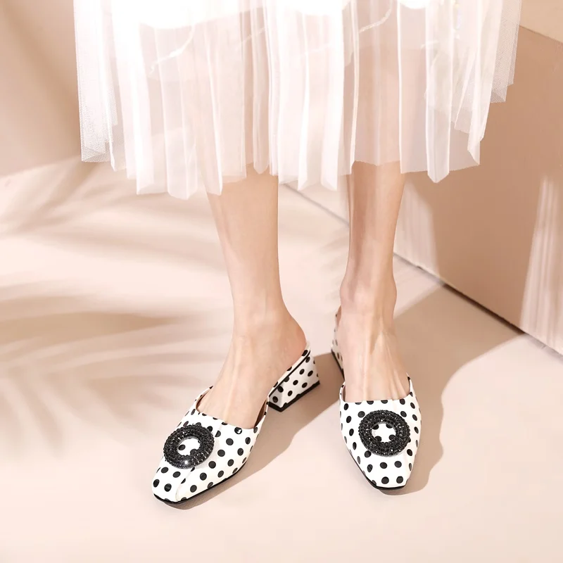 ZVQ Women Slippers New Patent Leather Square Toe Med Square Heel Summer Black And White Stripes Lady Mules New Casual Date Shoes