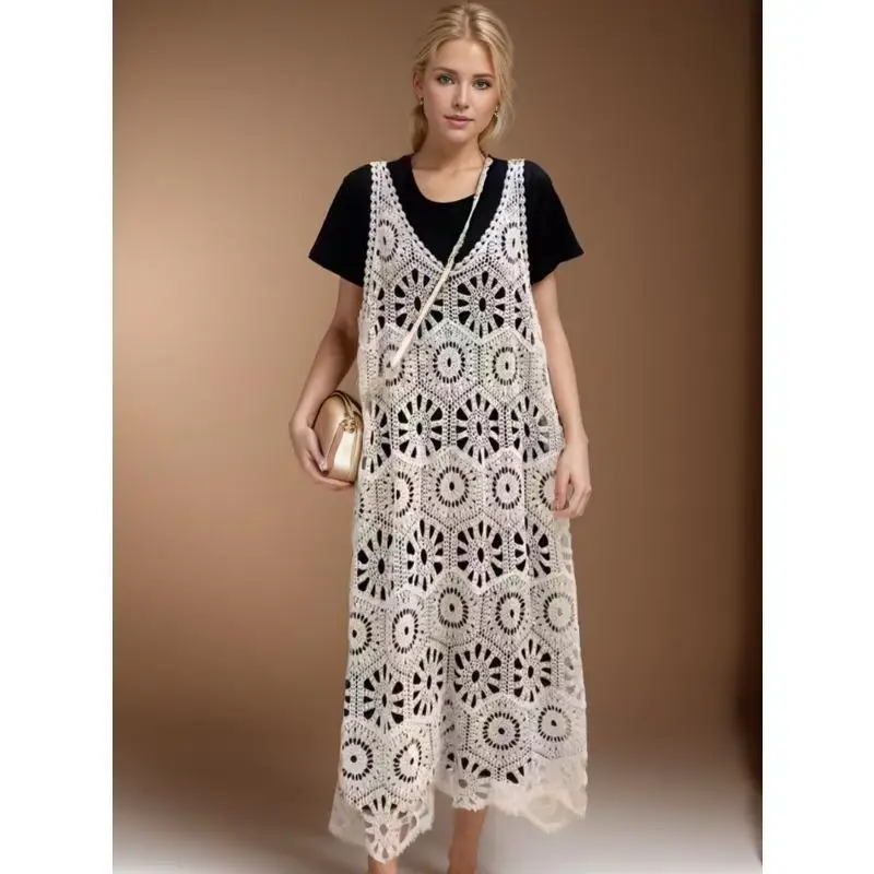 Женское трикотажное платье Dimanaf длинное ажурное платье-жилет с круглым вырезом