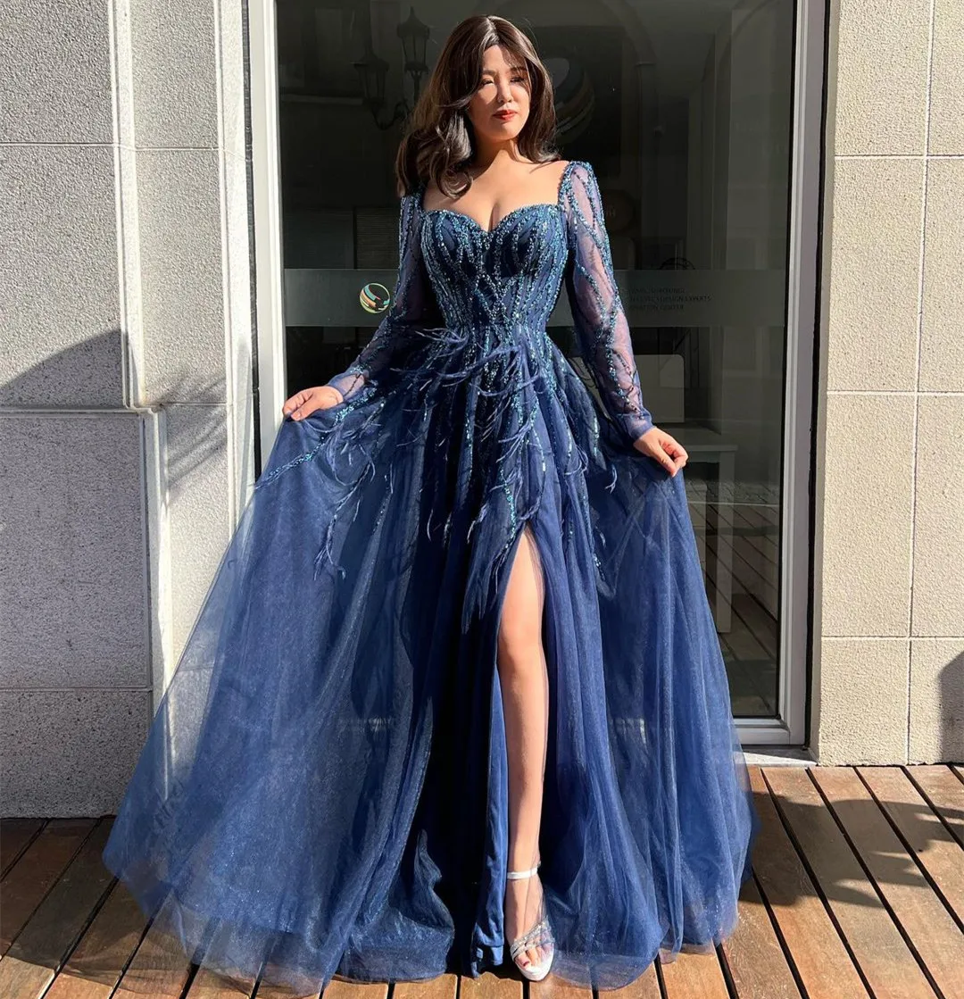 

Real Image Women Wear Side Slit Prom Dresses Long Sleeves Beaded Sequins Feathers Tulle Formal Occasion Party Evening Gowns