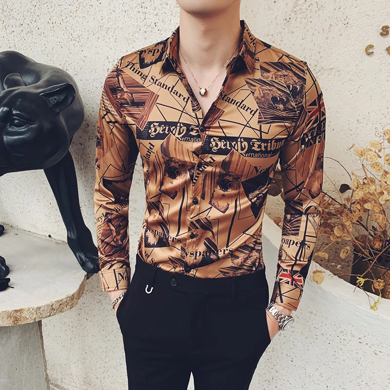 

Gold Newspaper Printing Man Long Sleeve Masculina s Clothes Autumn Camisa Homem Flower Shirt Men