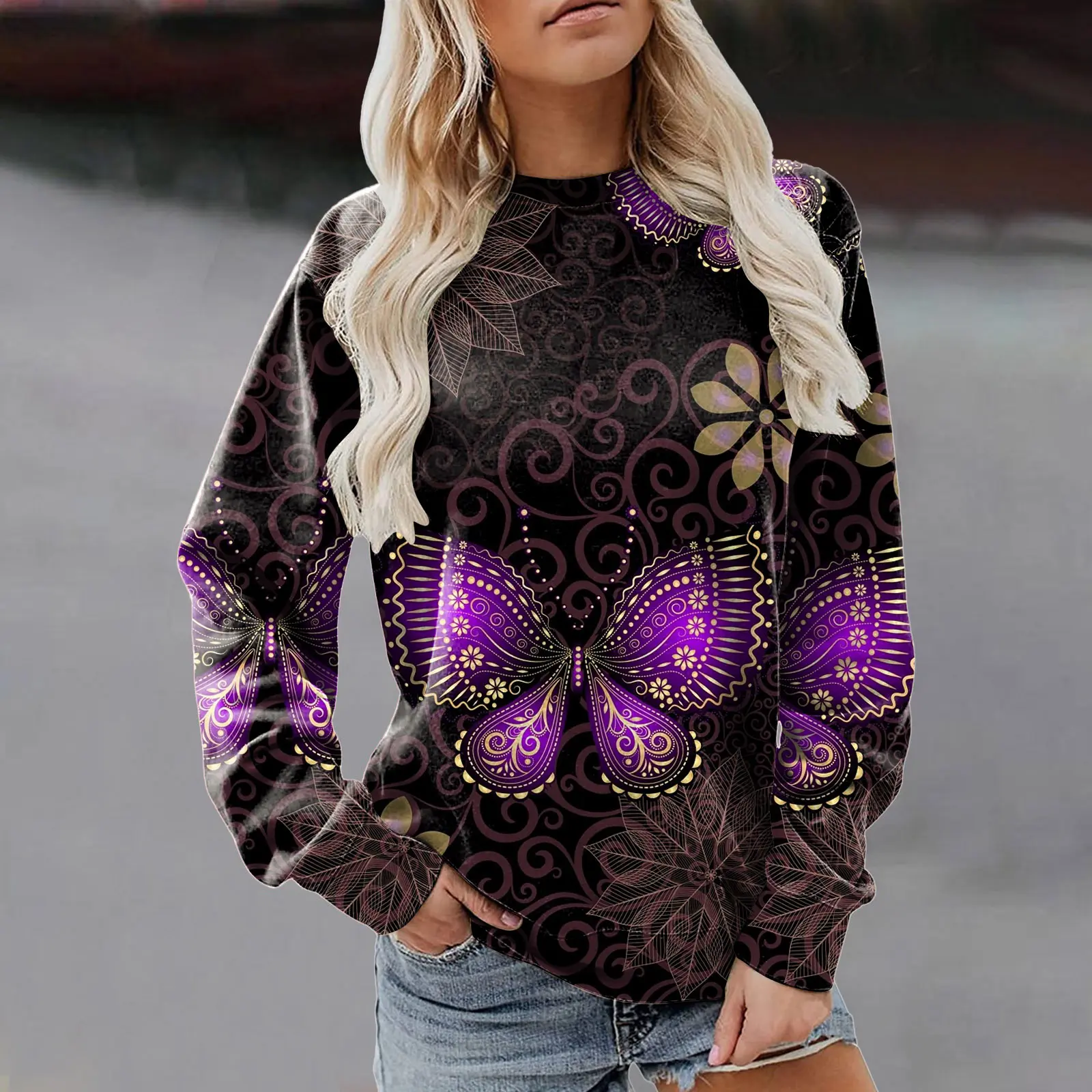 2022 new European and American fashion round neck purple butterfly 3D printed jumper loose women's long sleeve hoodie