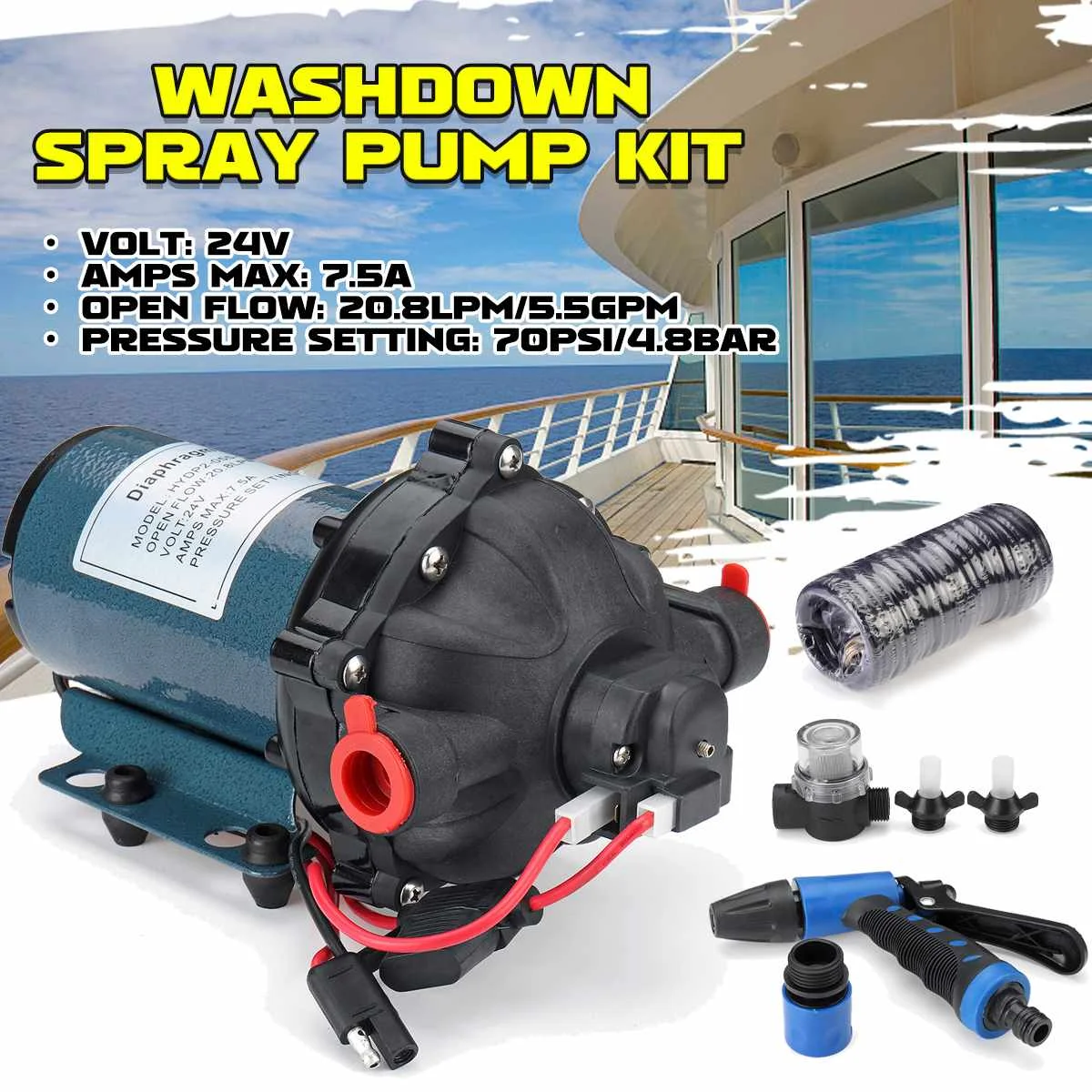 

5.5GPM 70PSI 12V 24V Diaphragm Water Pump Kit Heavy-duty Washdown Kit With Coiled Hose High Pressure For Home Car Marine Boat