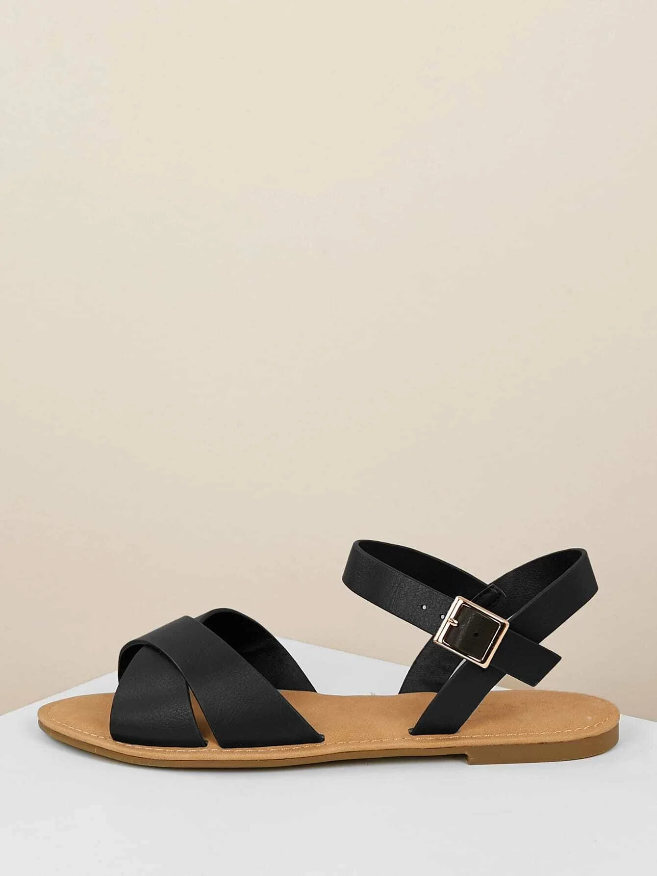 

Overlap Band Buckled Ankle Flat Sandals