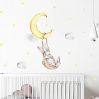 cartoon rabbit moon stars clouds watercolor wall sticker nursery vinyl removable diy wall decals kids room interior home decor