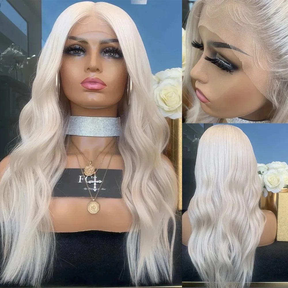 

Wavy Body Wave Synthetic Hair Lace Front Wig Icy White Blonde Lace Frontal Wigs Pre Plucked Hairline with Baby Hairs