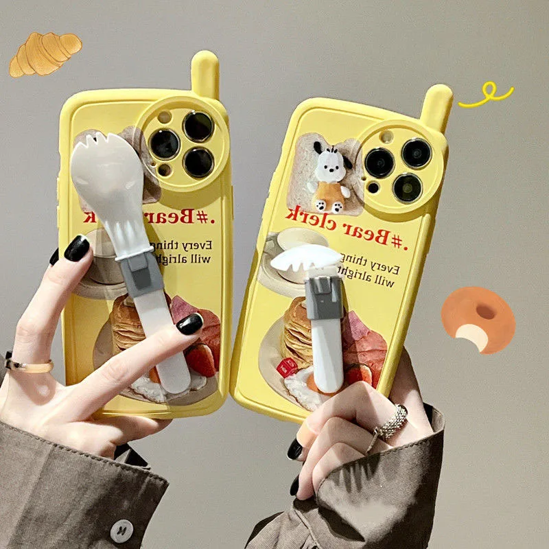 

Cute Kawaii Sanrio Pochacco Anime Cartoon Sweet Glowing Creative Phone Case with Fork Phone Holder for Iphone 11/12/13/pro/max
