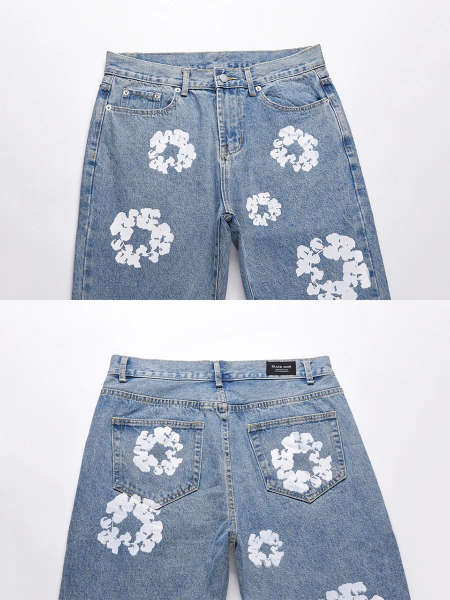 Four Seasons European Vibe Style Cotton Print Vintage Men Pencil Jeans Pants Washed Hip Hop Women Slim Kpop Denim Trousers JEANS