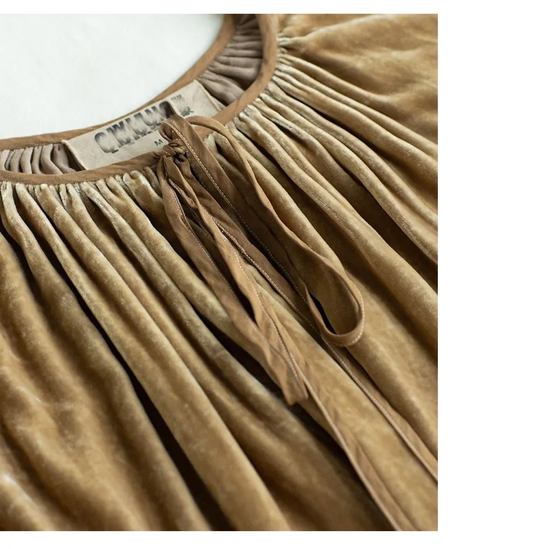 Шелковое бархатное женское весенне-осеннее платье с длинными рукавами и круглым