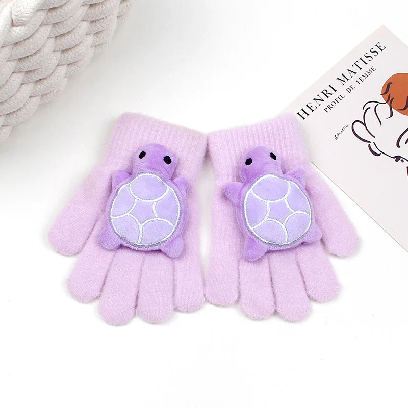 Мультяшные плюшевые детские перчатки морозостойкие с декором в виде черепахи