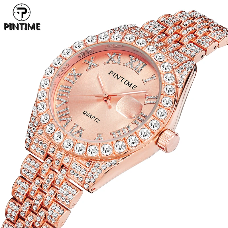 

PINTIME Iced Out Quartz Watch For Men Women Luxury Full Diamond Hip Hop Rhinestone Rose Gold Watch Wristwatch Male Female Clock