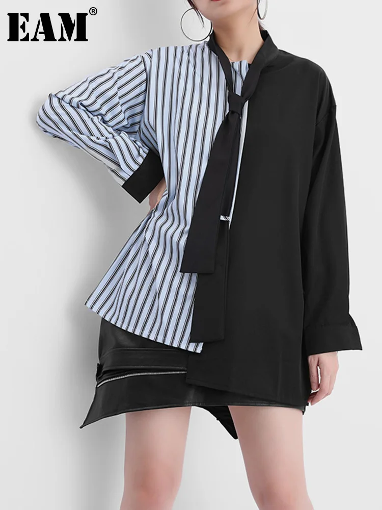 

[EAM] Women Blue Striped Split Big Size Blouse New Bow Collar Long Sleeve Loose Fit Shirt Fashion Spring Autumn 2022 1X73901