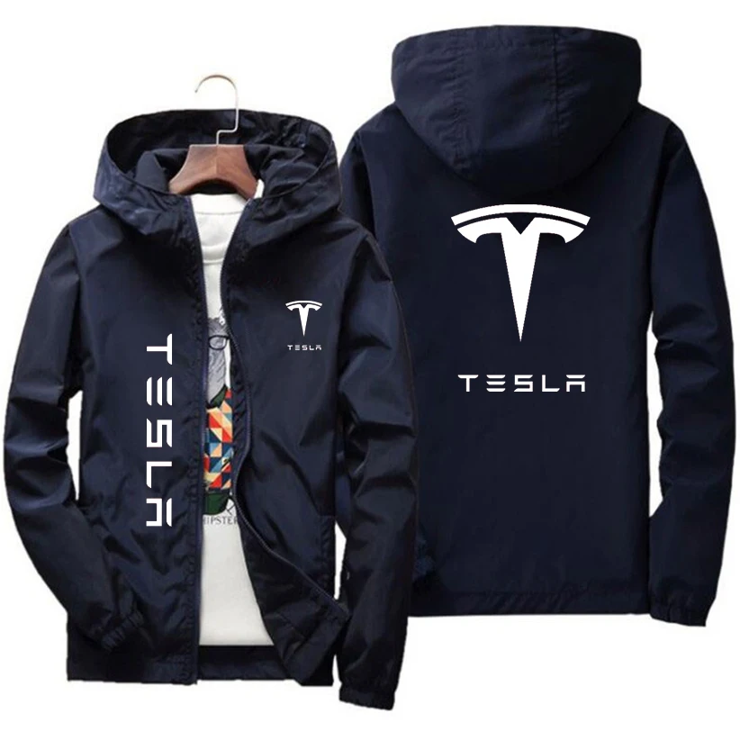 2023 Tesla Logo Windbreaker Jackets Waterproof Military Hooded Wind Breaker Casual Coat Male Clothing Autumn Spring Outwear Men
