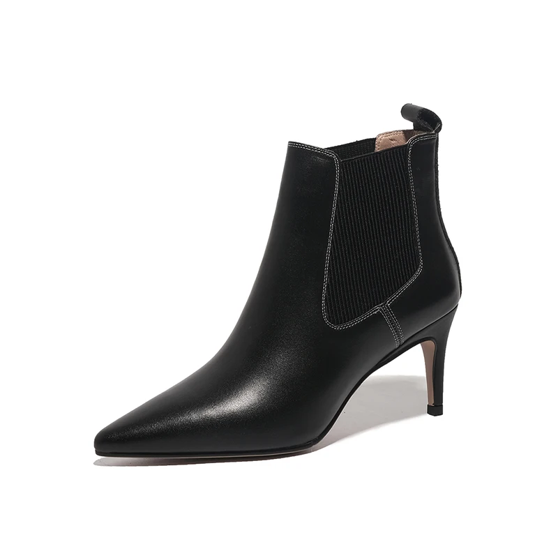 

Женские ботильоны из натуральной коровьей кожи, черные, Бежевые ботинки с котятами на каблуке, с острым носком, без застежки, на резинке, высота каблука 7 см, 2023