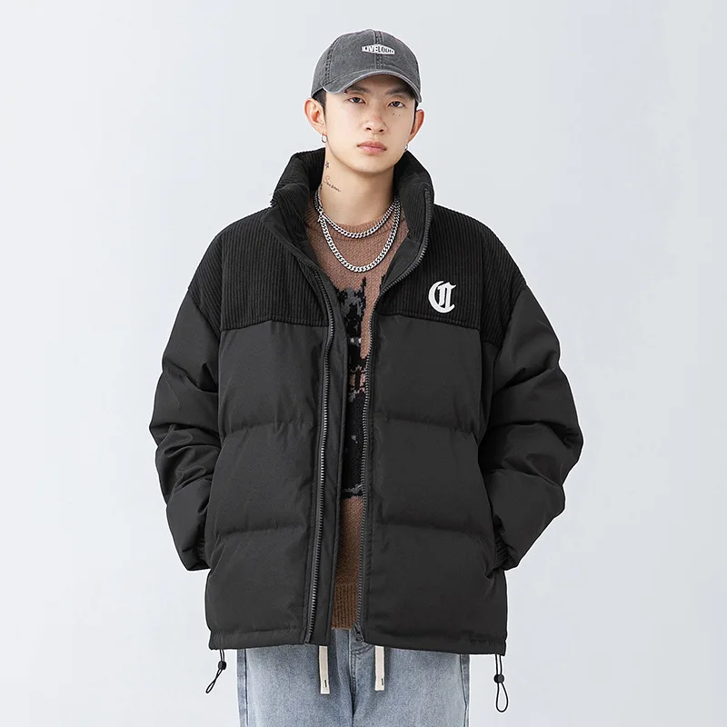 Japanese Fashion Corduroy Patchwork Warm Jacket Men Embroidery Thickened Bread Jacket Stand Collar Loose Sports Jackets Parkas