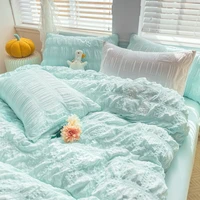 cute solid color double bedding set twin full queen size korea family four piece fitted bedding sheet pillowcase duvet cover set