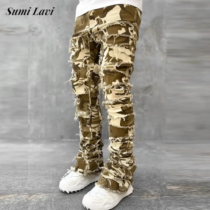 

Модные камуфляжные джинсы для мужчин, осенняя уличная одежда, узкие прямые джинсовые брюки в стиле хип-хоп, мужские винтажные рваные джинсы с вырезами