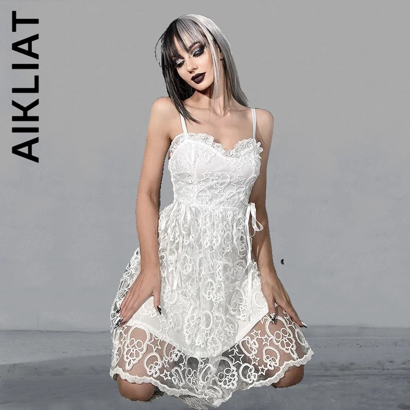 

Aikliat Fashion Spaghetti Strap Mesh V Neck Sexy Mini Dress Popular Robe Chic Holiday Outfits Lazy Female Dress Woman Vestidos