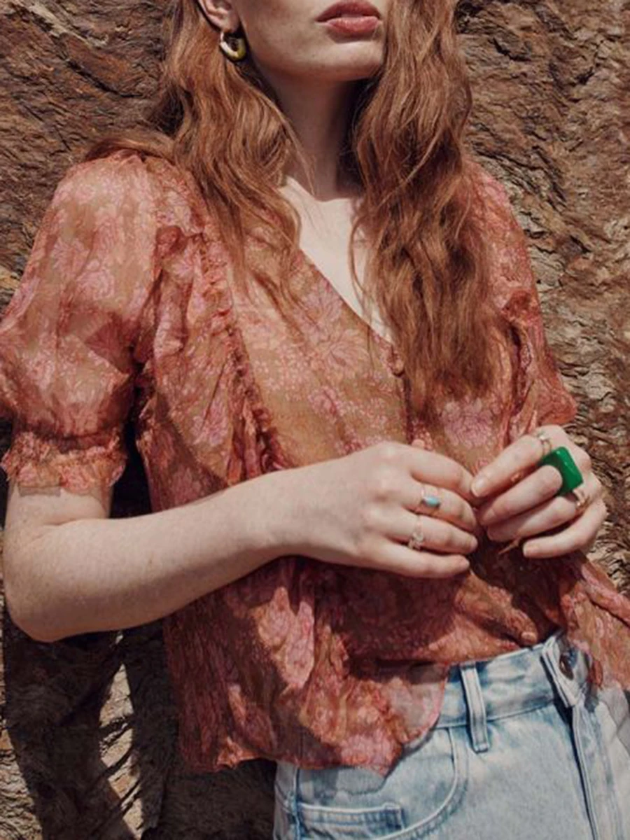 

Блузка женская шифоновая с цветочным принтом, повседневная Элегантная Модная шикарная рубашка с V-образным вырезом, короткими рукавами-фонариками и оборками, лето 2023
