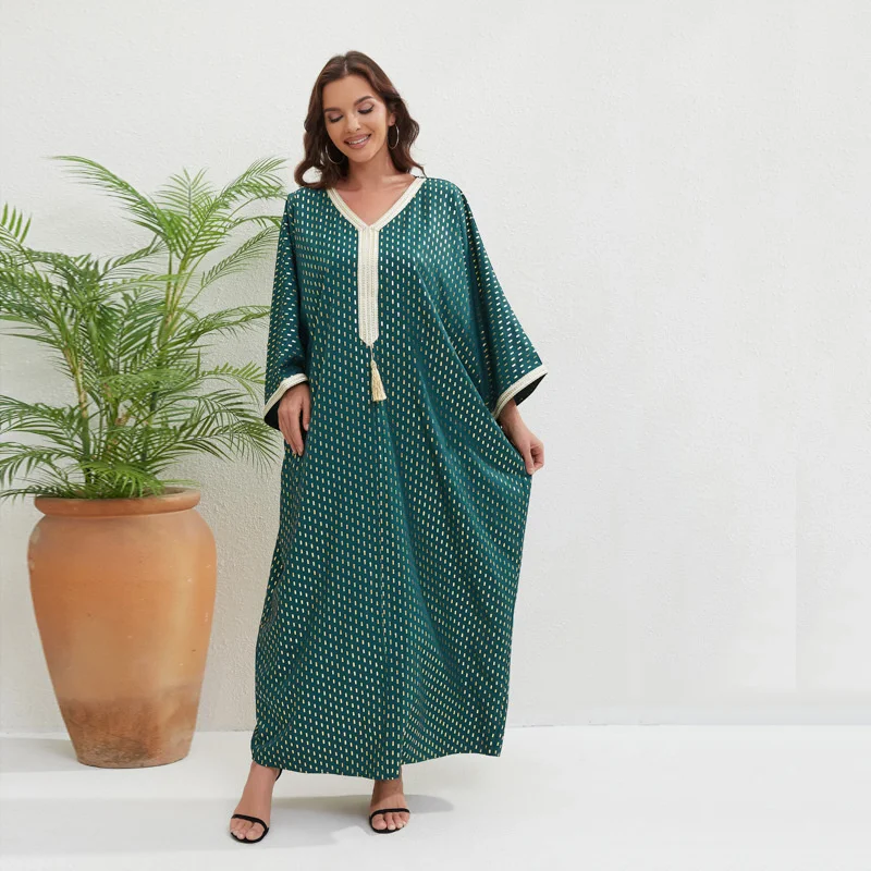 Abaya For Women V-neck Bat Sleep Large Swing Dress For Women's Fashion Loose Casual Four Season Robe Large Size Dubai Turkey