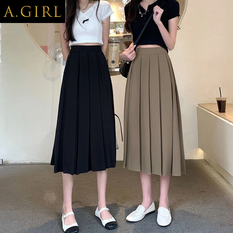 

2023 Summer DressRimocy Spring Summer Pleated Midi Skirts for Women College Style Loose A Line Skirt Woman Solid Color High Wais