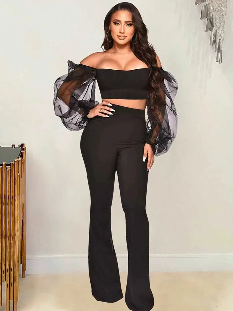 Шикарный и элегантный женский комплект брюк с открытыми плечами укороченный топ