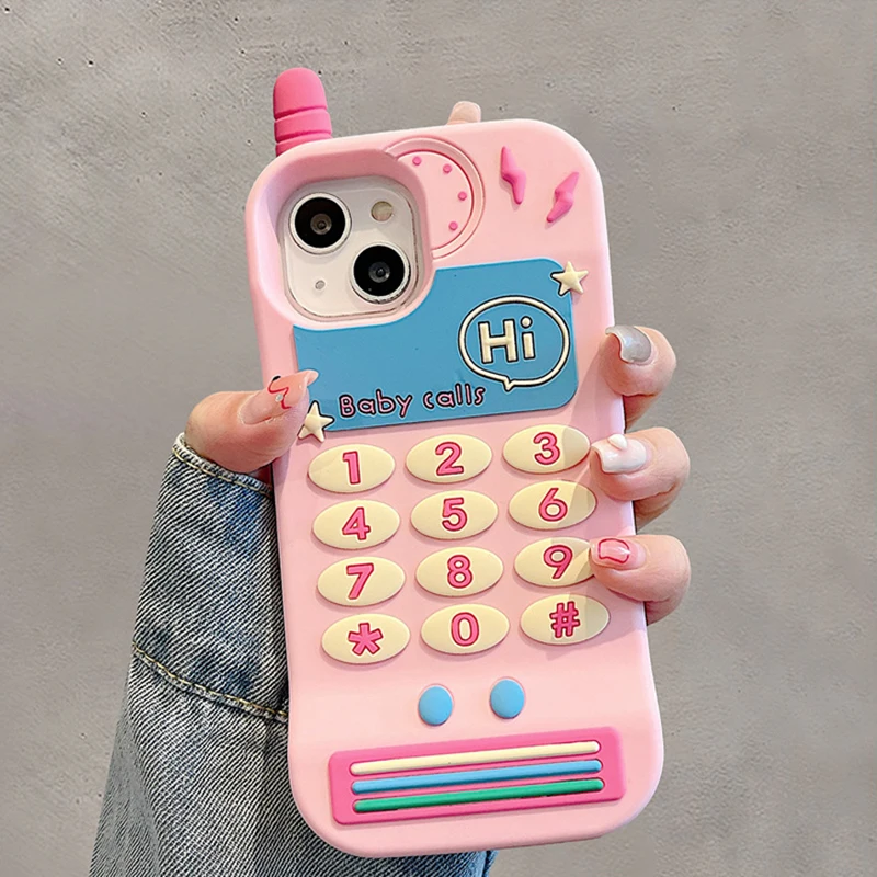 

Pink Cute Retro Telephone Silicone Phone Cover For iPhone 14 13 11 12 Pro Max Case Lovely Cartoon Gril 3D Fundas Coque
