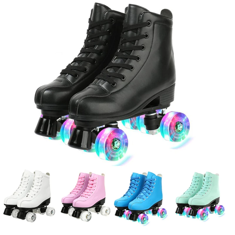 

Quad Roller Skates Leather Upper Sliding Quad Sneakers Outdoor Indoor Beginner Two Row Skating Shoes Men Women 4 Wheels Shoes