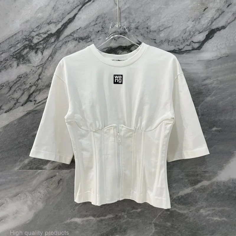 

Spring and Summer New Women's Aw Wang White Octopus Fishbone Stitching Slim Short T-shirt Tops