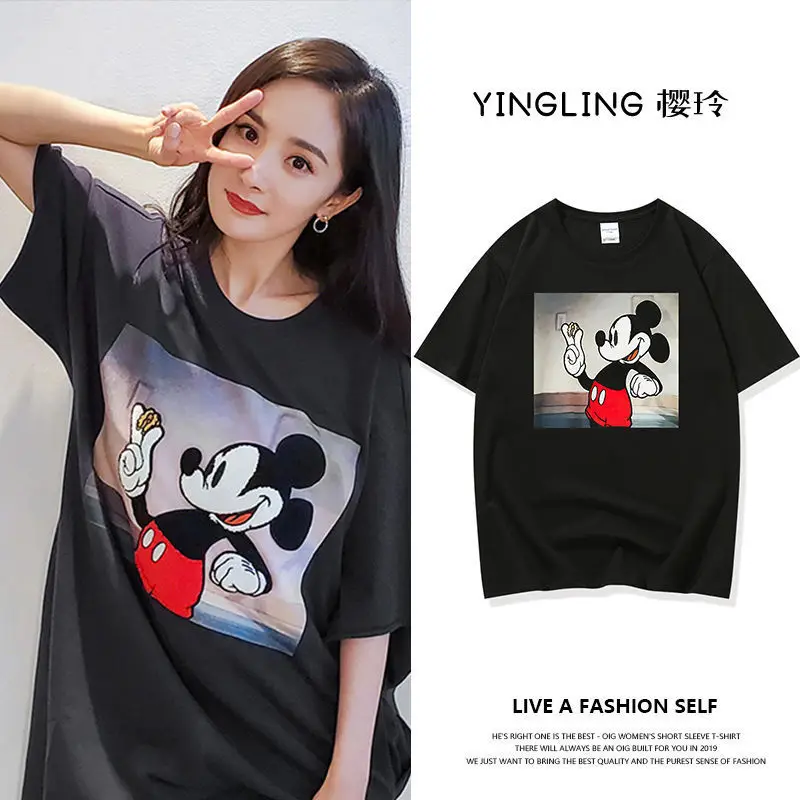 

Disney Mickey Printed Short-Sleeved T-shirt for Women New Loose Cartoon Cotton round Neck Half Sleeve Trendy T