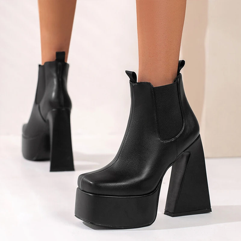 Big Size 46 Stone Print Women Square toe Short Boots Triangle Chunky Heels Shoes Platform Booties Custom Logo Available